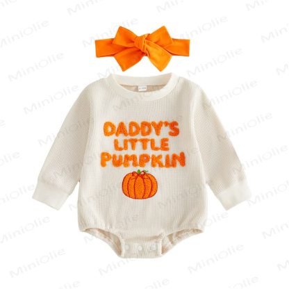 DADDY/MAMA'S LITTLE PUMPKIN Baby Waffle Bodysuit with Headband - image 3