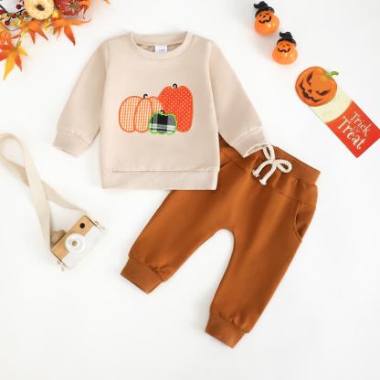 Baby Pumpkin Applique Sweatshirt and Jogger 2-piece Set - Beige - 2-3Y - image 1