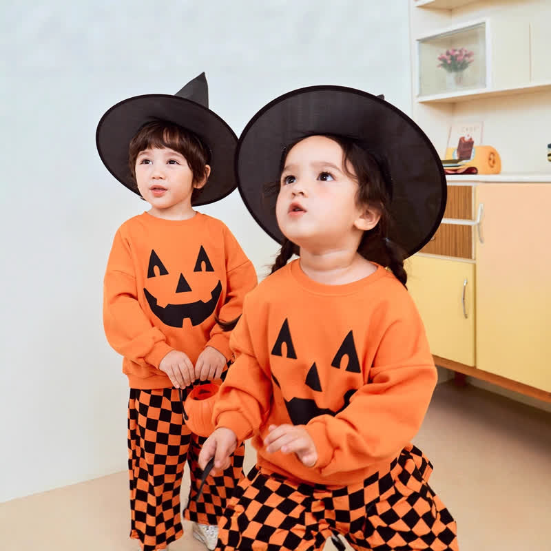 Toddler Pumpkin Face Sweatshirt and Plaid Pants/Skort 2-piece Set - image 1