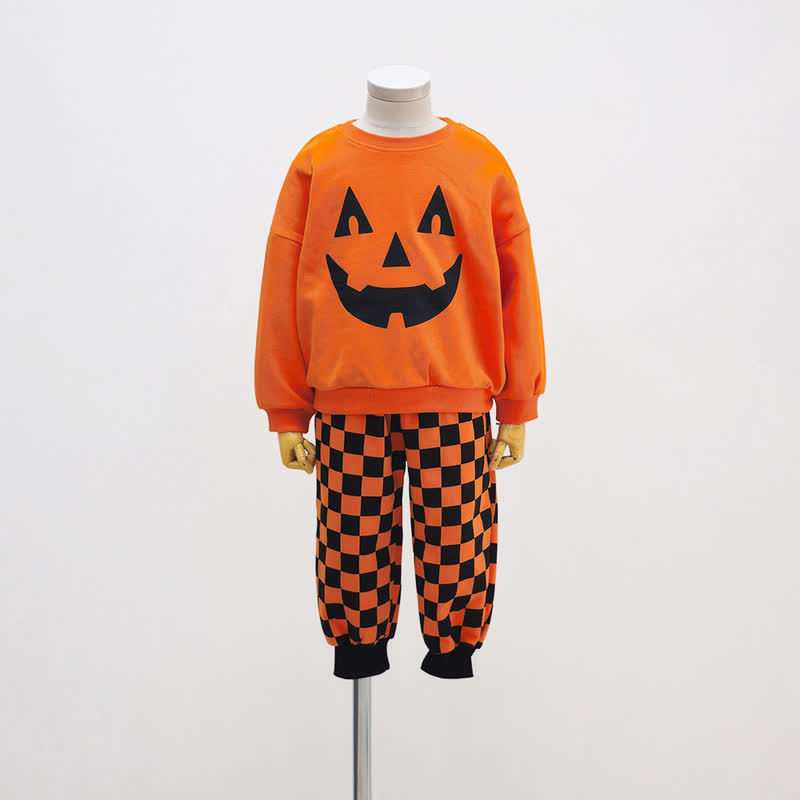 Toddler Pumpkin Face Sweatshirt and Plaid Pants/Skort 2-piece Set - Sweatshirt and Pants - 4-5T - image 2