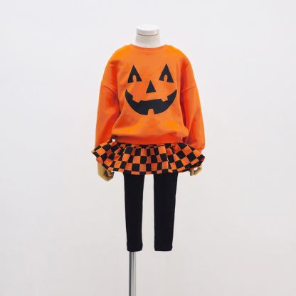Toddler Pumpkin Face Sweatshirt and Plaid Pants/Skort 2-piece Set - Sweatshirt and Skort - 4-5T - image 3