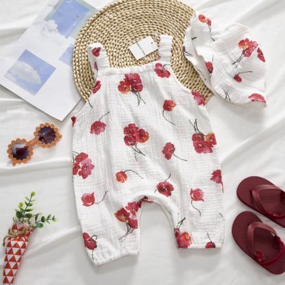 Baby Girls Red Flower Print White Jumpsuit with Hat - image 3