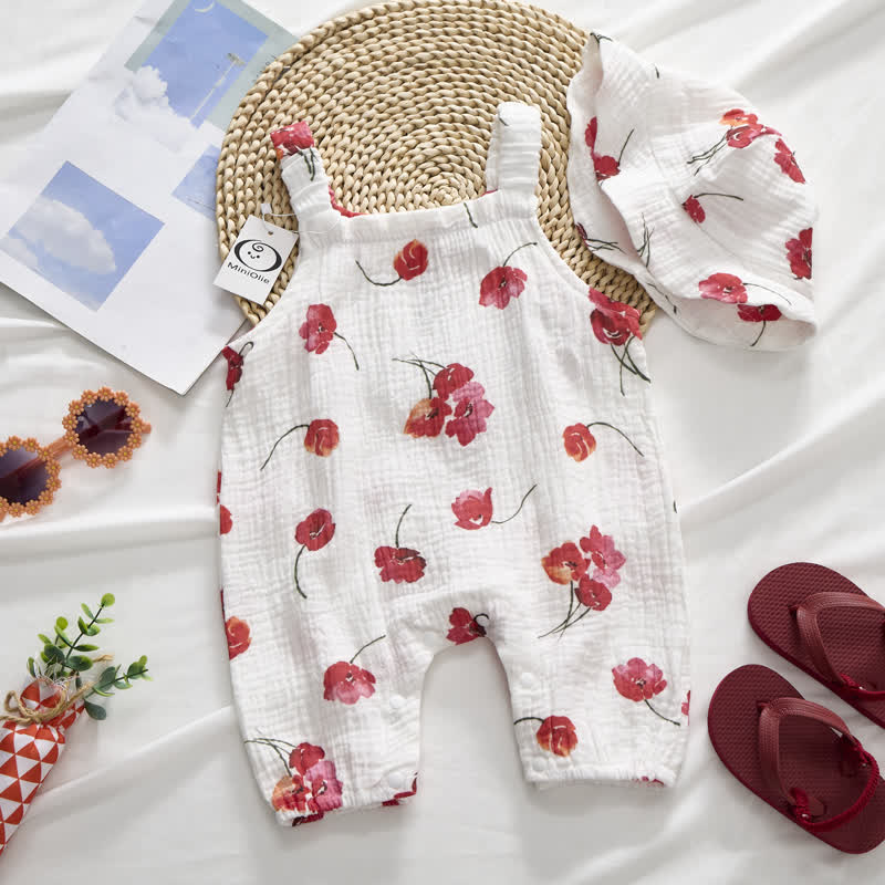 Baby Girls Red Flower Print White Jumpsuit with Hat - image 2