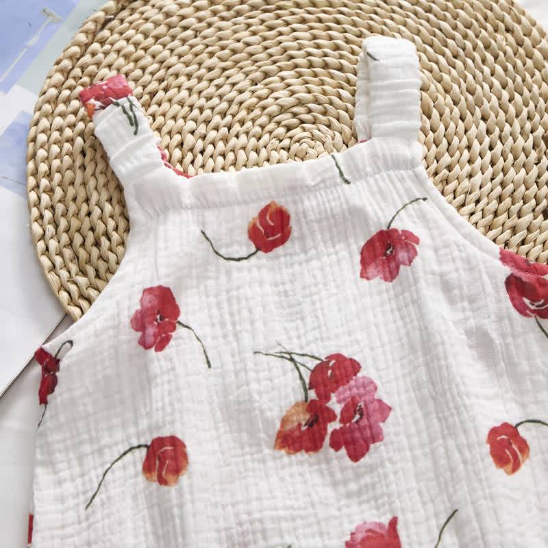 Baby Girls Red Flower Print White Jumpsuit with Hat - image 4