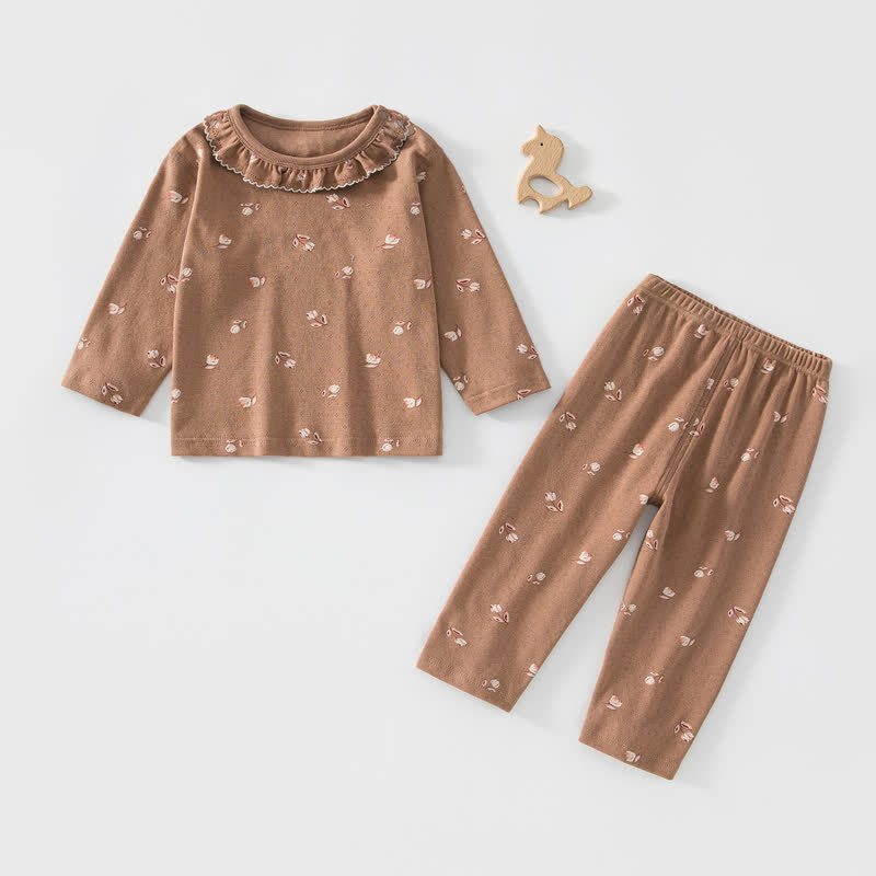 Toddler Baby Girls Floral Ruffle Collar Pajama Set - Brown - 3-4T - image 1