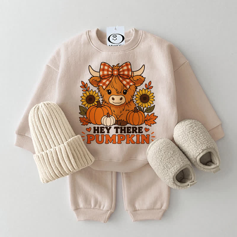 HEY THERE PUMPKIN Baby Beige Cow and Pumpkin Sweatshirt 2-piece Set - Beige - 2-3T - image 1