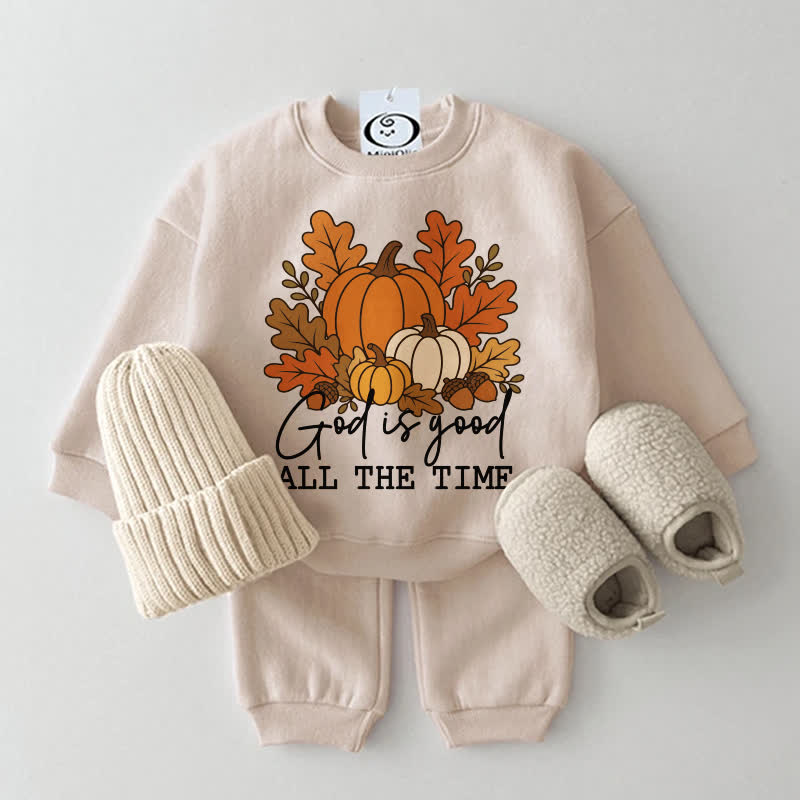 GOD IS GOOD ALL THE TIME Baby Beige Pumpkin Sweatshirt 2-piece Set - Beige - 2-3T - image 1