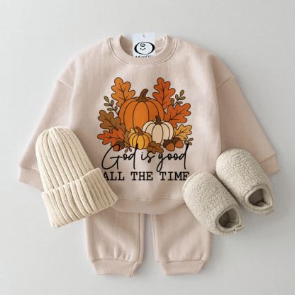 GOD IS GOOD ALL THE TIME Baby Beige Pumpkin Sweatshirt 2-piece Set - Beige - 2-3T - image 1