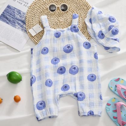 Baby Girl Blueberry Checkerboard Romper with Hat - image 5