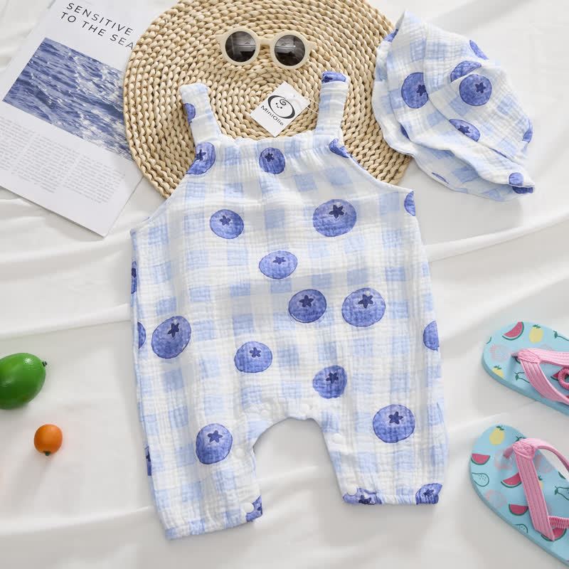 Baby Girl Blueberry Checkerboard Romper with Hat - image 6