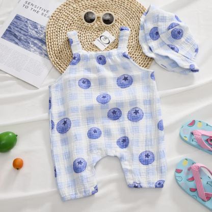 Baby Girl Blueberry Checkerboard Romper with Hat - image 6