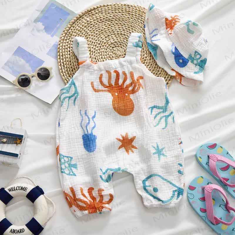 Baby Girl White Crab and Fish Print Romper with Hat - image 2