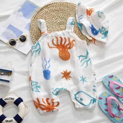 Baby Girl White Crab and Fish Print Romper with Hat - image 2