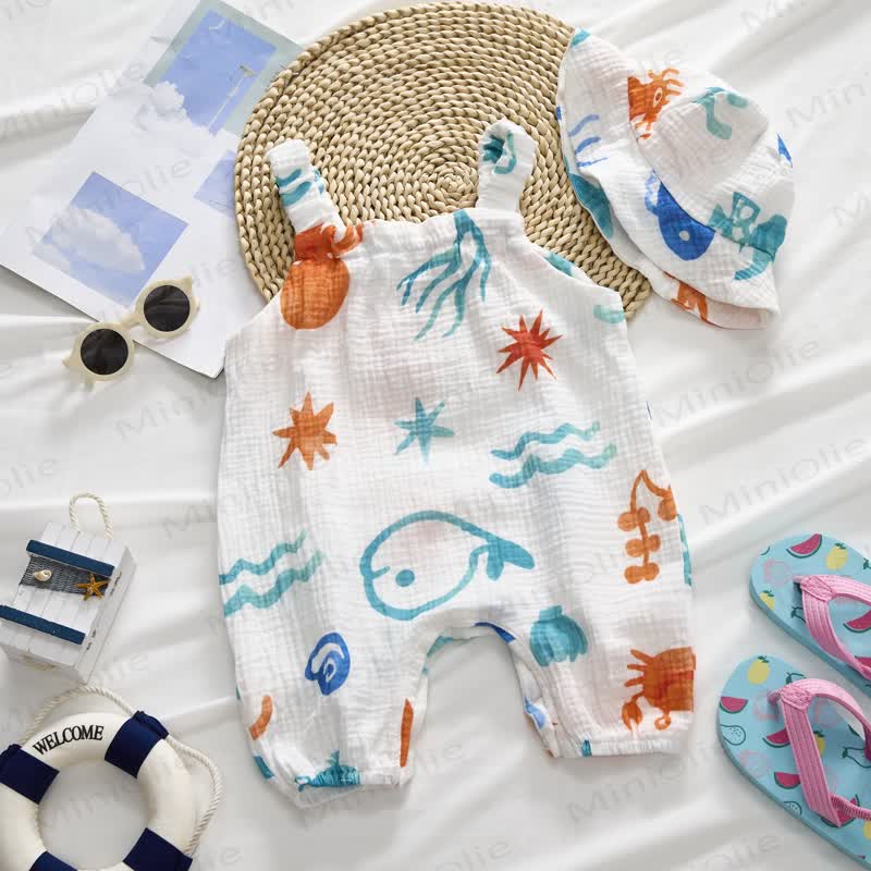 Baby Girl White Crab and Fish Print Romper with Hat - image 3