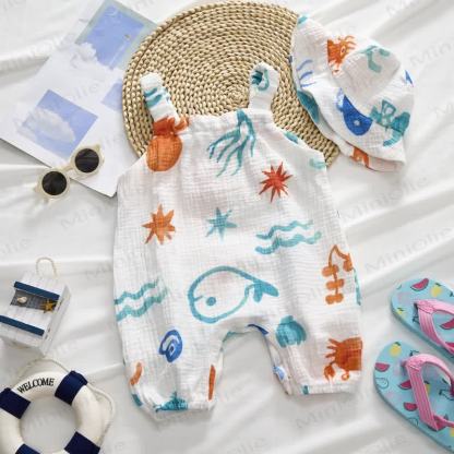 Baby Girl White Crab and Fish Print Romper with Hat - image 3