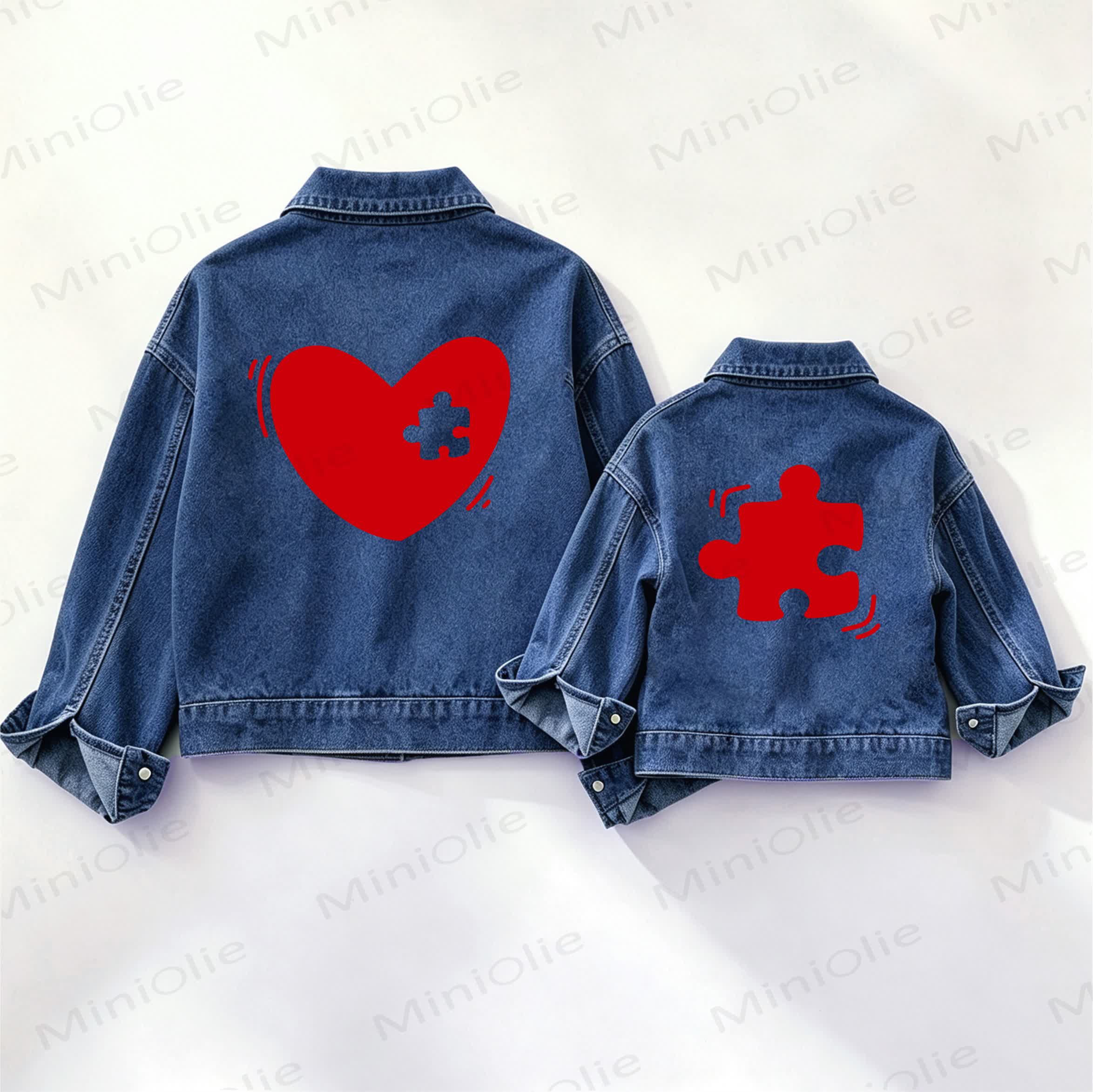 Family Red Heart Puzzle Print Denim Jacket - Blue - XXL - image 1