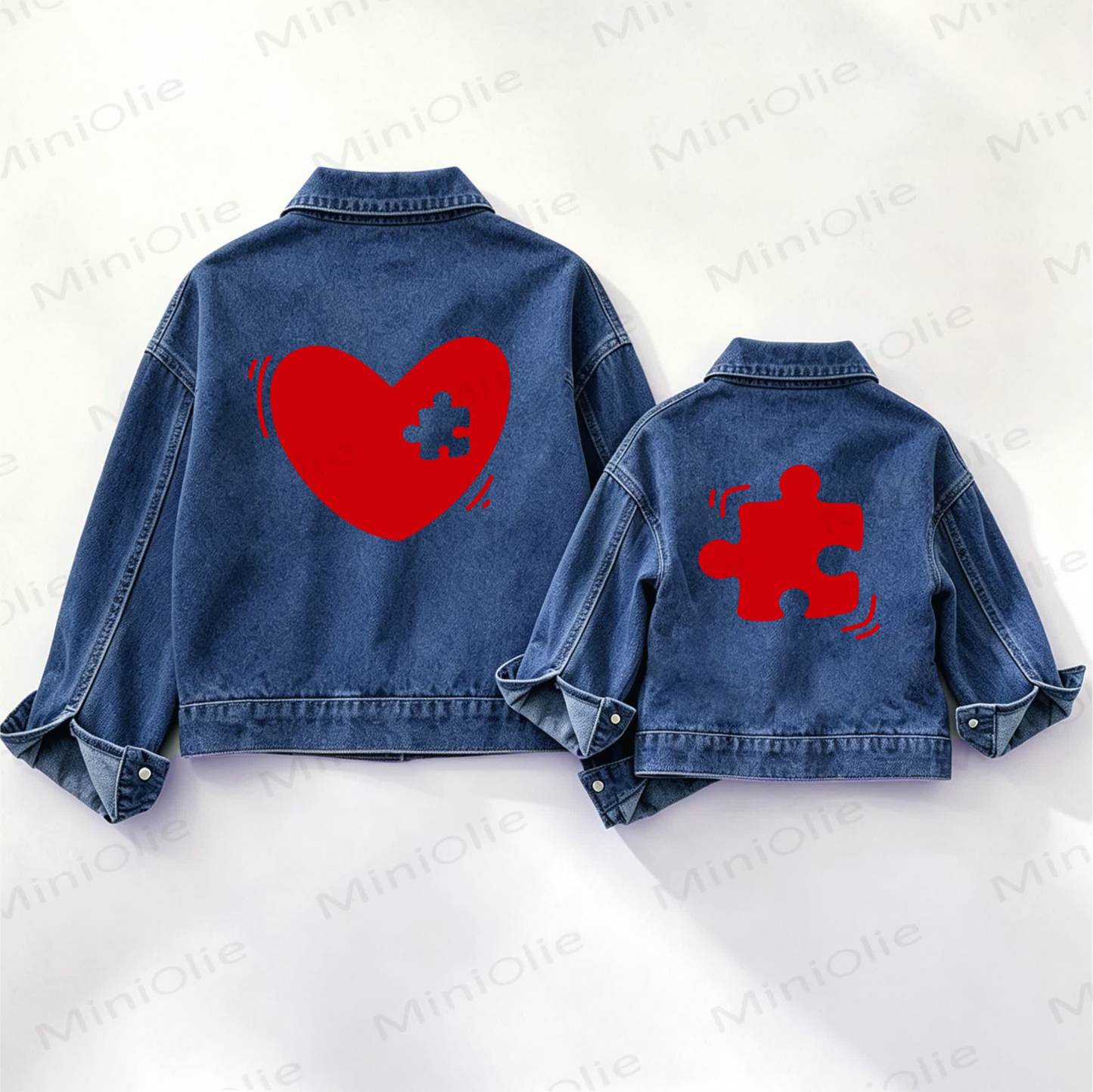 Family Red Heart Puzzle Print Denim Jacket - Blue - XXL - image 1