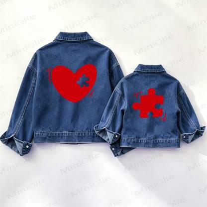 Family Red Heart Puzzle Print Denim Jacket - Blue - XXL - image 1