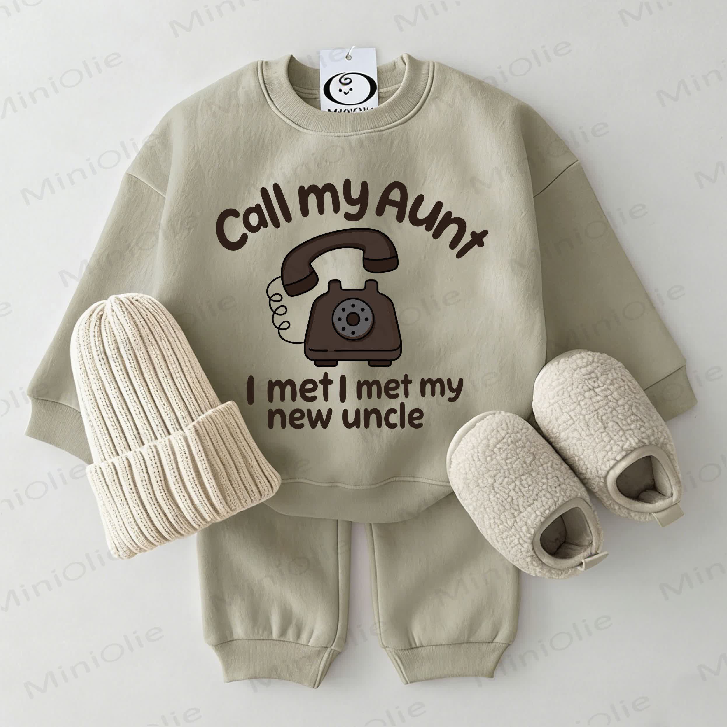 CALL MY AUNT I MET MY NEW UNCLE Baby Sweatshirt 2-piece Grey Green Set - Grey Green - 2-3T - image 1