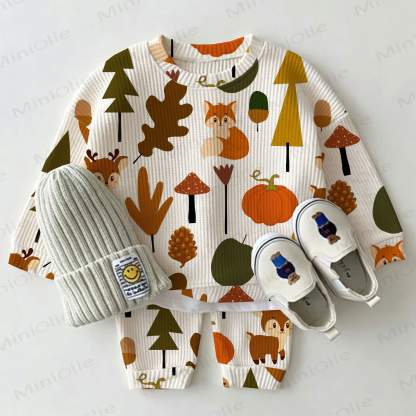 Baby Fox Deer Mushroom Pumpkin Print Waffle 2-piece Set - White - 2-3T - image 1
