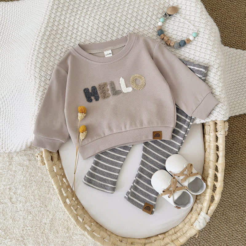 HELLO Baby Beige Sweatshirt and Striped Pants 2-piece Set - image 1