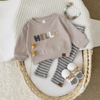 HELLO Baby Beige Sweatshirt and Striped Pants 2-piece Set - image 1