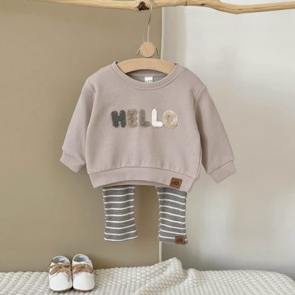 HELLO Baby Beige Sweatshirt and Striped Pants 2-piece Set - Beige - 2-3Y - image 2