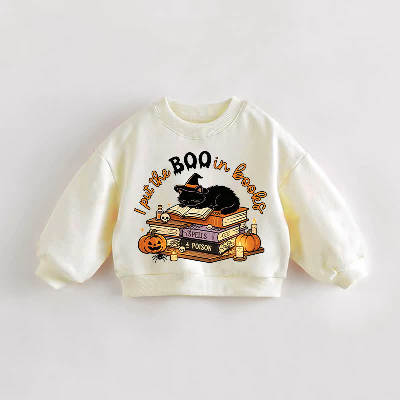 I PUT THE BOO IN BOOKS Baby Toddler Cat and Pumpkin Cream Sweatshirt - Cream - 3-5T - image 1