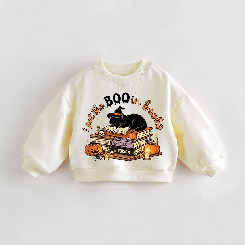 I PUT THE BOO IN BOOKS Baby Toddler Cat and Pumpkin Cream Sweatshirt - Cream - 3-5T - image 1