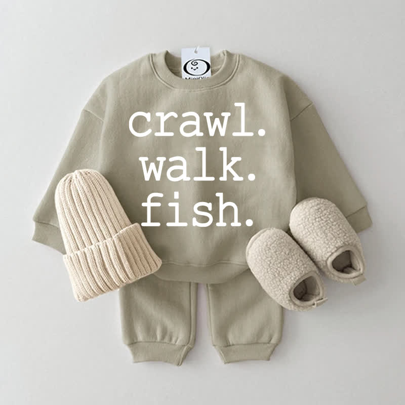 CRAWL. WALK. FISH.  Baby Grey Green Sweatshirt 2-piece Set - Grey Green - 2-3T - image 1