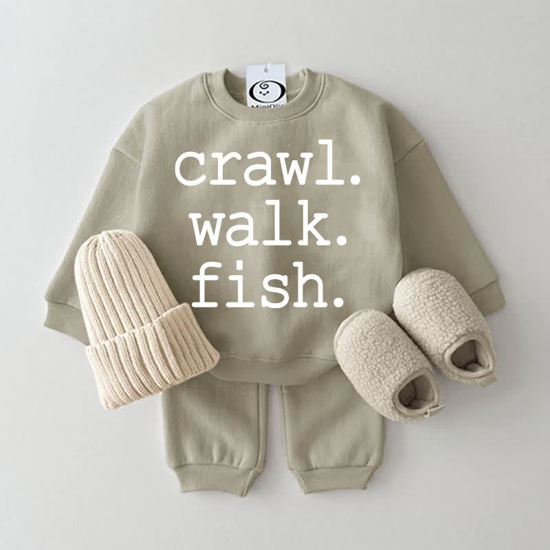 CRAWL. WALK. FISH.  Baby Grey Green Sweatshirt 2-piece Set - Grey Green - 2-3T - image 1