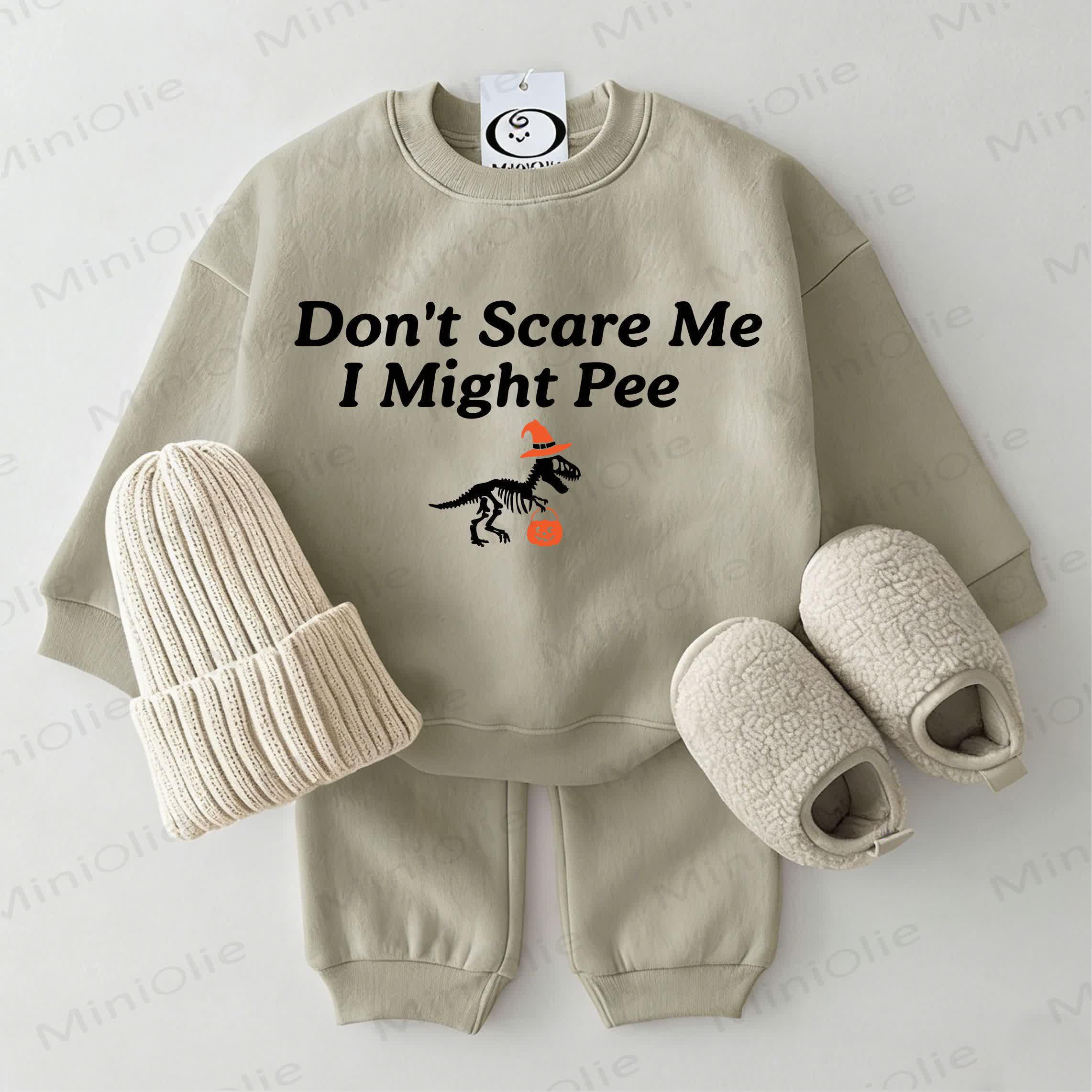 DON'T SCARE ME I MIGHT PEE Baby Sweatshirt 2-piece Grey Green Set - Grey Green - 2-3T - image 1
