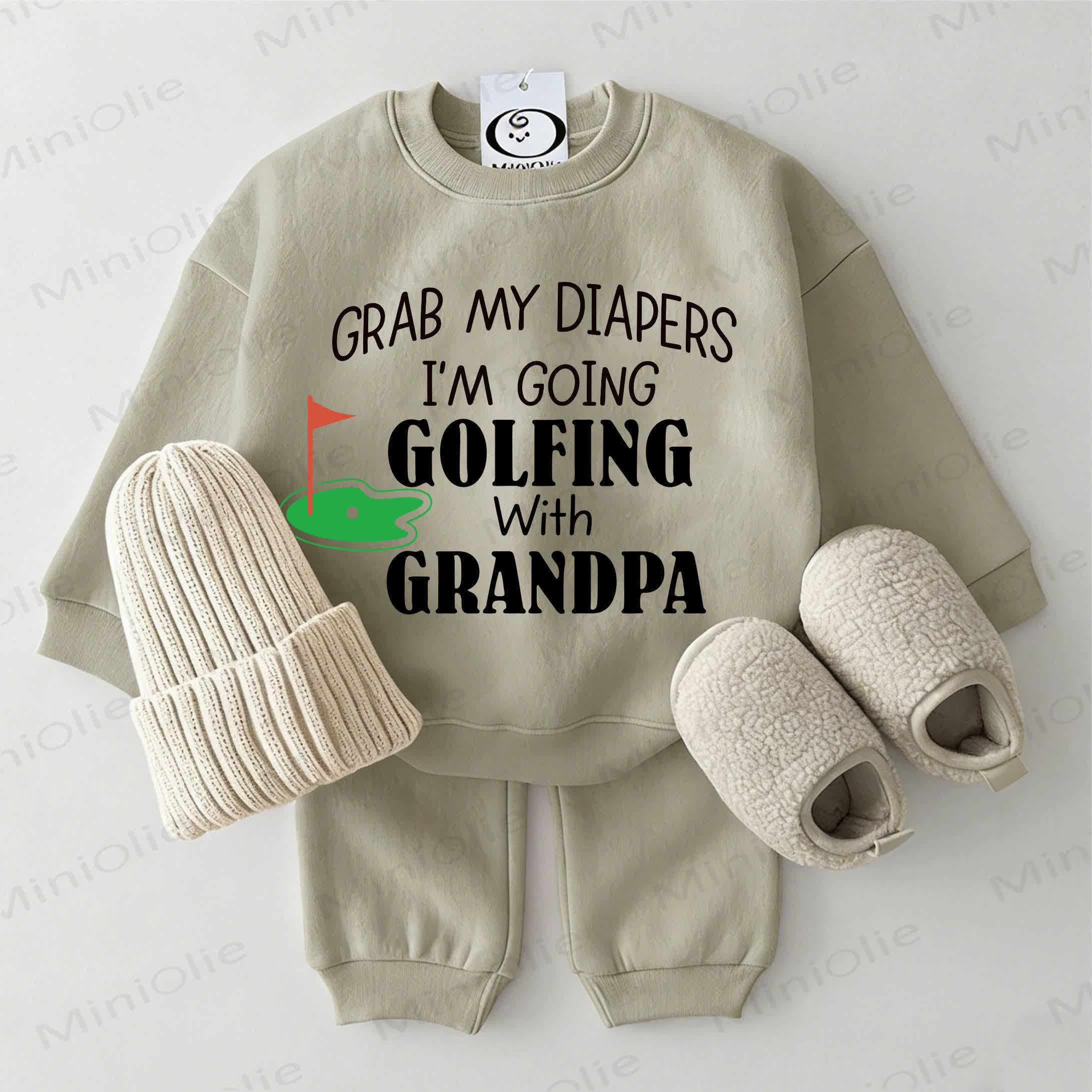 GRAB MY DIAPERS I'M GOING GOLFING WITH GRANDPA Baby Sweatshirt 2-piece Grey Green Set - Grey Green - 2-3T - image 1