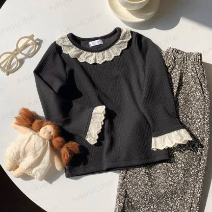 Toddler Girl Ruffle Lace Long Sleeve Shirt - Black - 8-9T - image 5