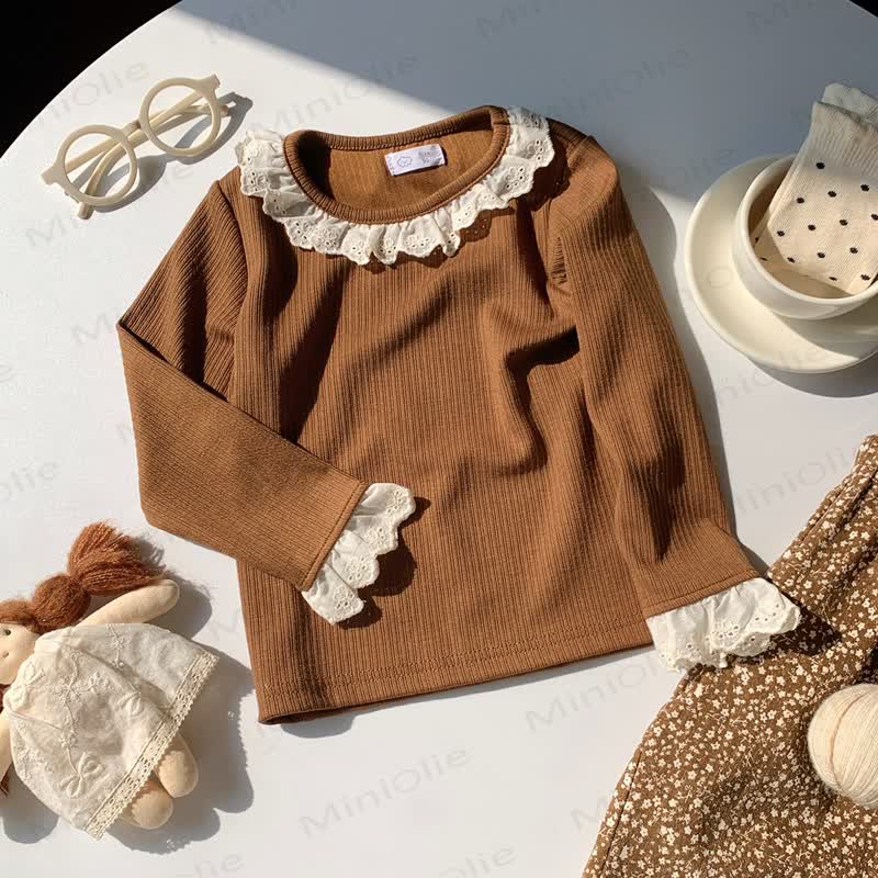Toddler Girl Ruffle Lace Long Sleeve Shirt - Brown - 8-9T - image 6