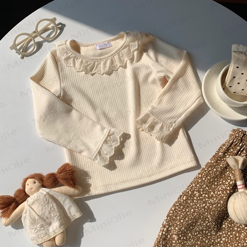 Toddler Girl Ruffle Lace Long Sleeve Shirt - Beige - 8-9T - image 7