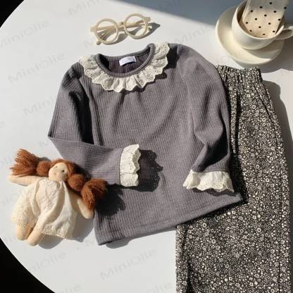 Toddler Girl Ruffle Lace Long Sleeve Shirt - Gray - 8-9T - image 8