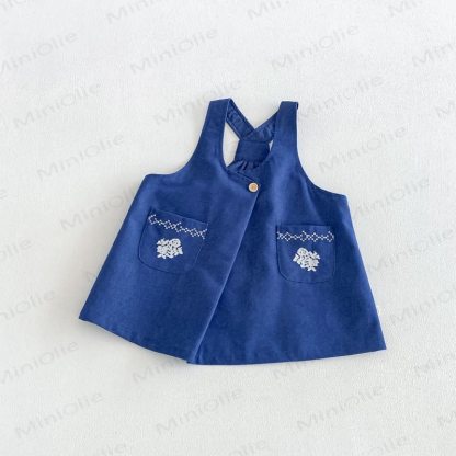 Toddler Baby Girl Floral Puff Long Sleeve Shirt & Embroidered Denim Suspender Dress - Navy - 6-7T - image 4