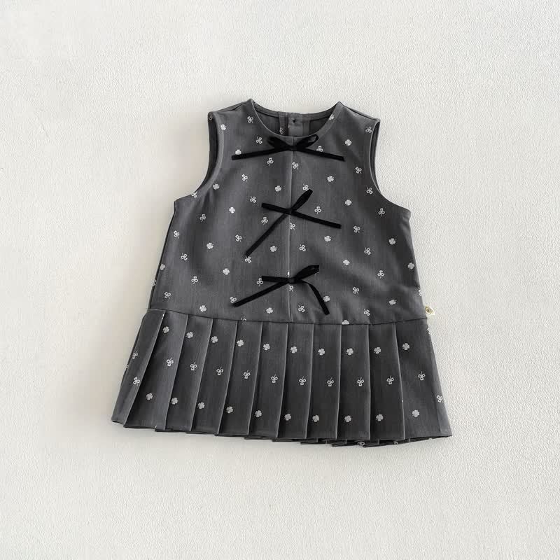 Toddler Baby Girl Solid Peter Pan Collar Bow Shirt & Bow Floral Sleeveless Dress - Gray - 130 - image 5