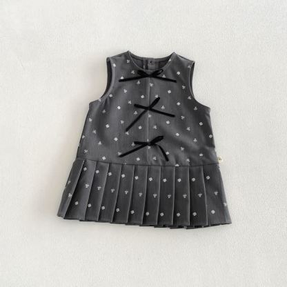 Toddler Baby Girl Solid Peter Pan Collar Bow Shirt & Bow Floral Sleeveless Dress - Gray - 130 - image 5