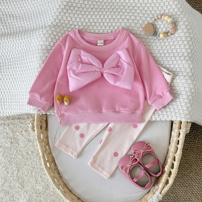 Baby Pink Bow Sweatshirt and Polka Dot Leggings Set - image 1