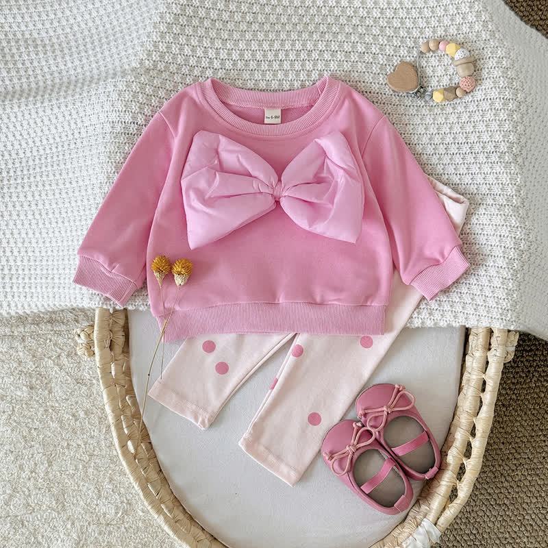 Baby Pink Bow Sweatshirt and Polka Dot Leggings Set - image 1