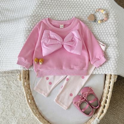 Baby Pink Bow Sweatshirt and Polka Dot Leggings Set - image 1