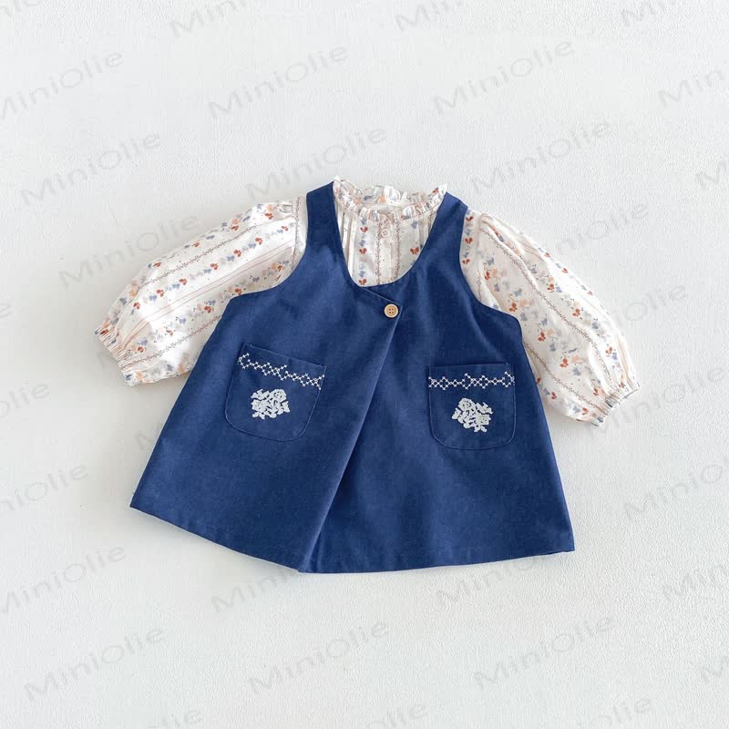 Toddler Baby Girl Floral Puff Long Sleeve Shirt & Embroidered Denim Suspender Dress - image 2