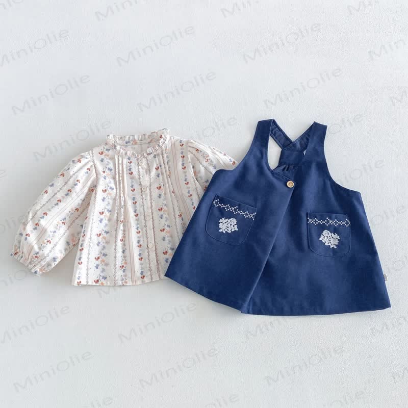 Toddler Baby Girl Floral Puff Long Sleeve Shirt & Embroidered Denim Suspender Dress - image 1