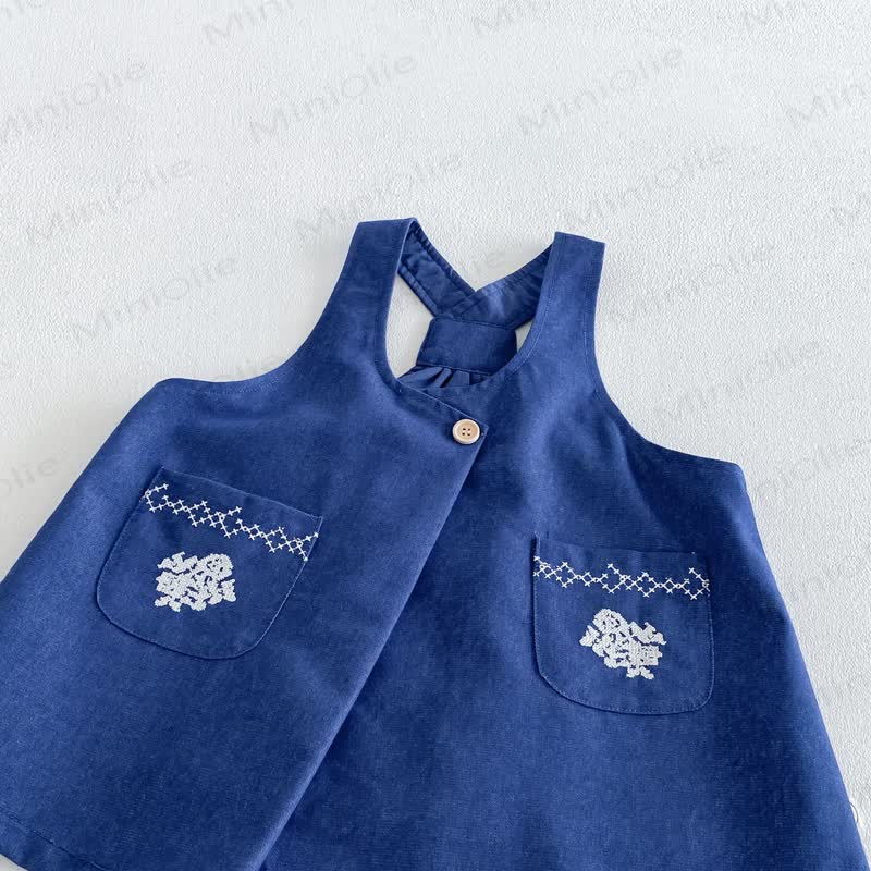 Toddler Baby Girl Floral Puff Long Sleeve Shirt & Embroidered Denim Suspender Dress - image 5