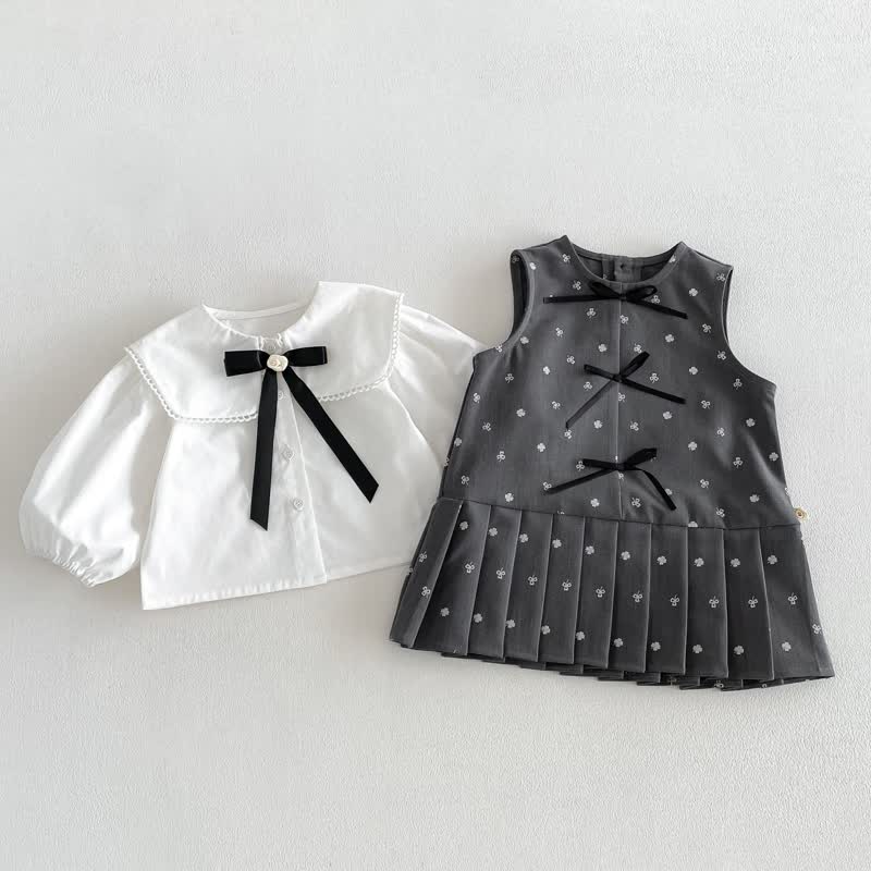Toddler Baby Girl Solid Peter Pan Collar Bow Shirt & Bow Floral Sleeveless Dress - image 1