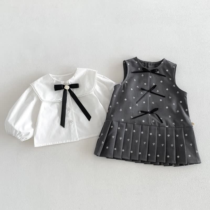 Toddler Baby Girl Solid Peter Pan Collar Bow Shirt & Bow Floral Sleeveless Dress - image 1