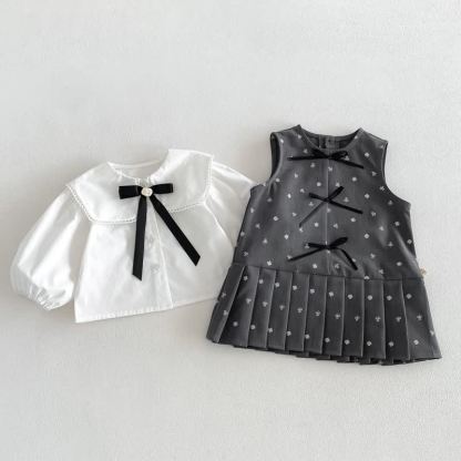 Toddler Baby Girl Solid Peter Pan Collar Bow Shirt & Bow Floral Sleeveless Dress - image 1