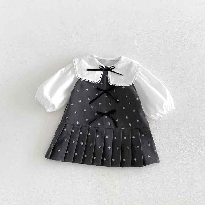 Toddler Baby Girl Solid Peter Pan Collar Bow Shirt & Bow Floral Sleeveless Dress - image 2
